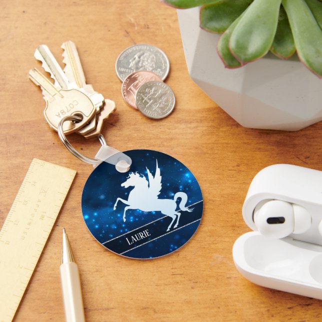 Porte-clés Unicorne d'argent sur Monogramme bleu étincelant (Bureau)