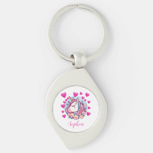 Porte-clés Unicorne mignonne, Coeurs et Fleurs roses, Nom per