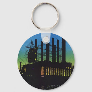 Porte-clés Usine de fabrication au coucher du soleil, Vintage