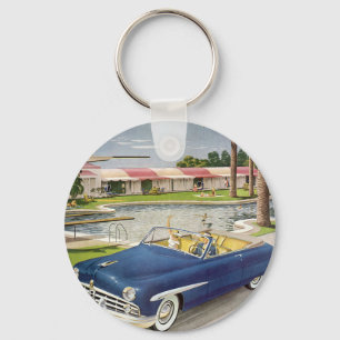 Porte-clés Vacances d'été vintage, voiture convertible et mot