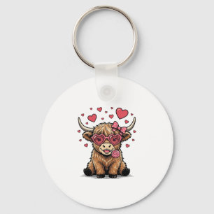 Porte-clés Vache des Highlands mignonne à lunettes de cœur po