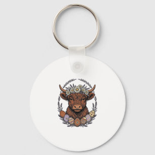 Porte-clés Vache des Highlands Pâques Art de l'oeuf floral vi