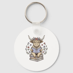 Porte-clés Vache Florale Lisant Pile de Livres Design Vintage