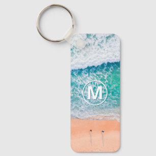 Porte-clés Vagues de plage, Monogramme blanc en cercle