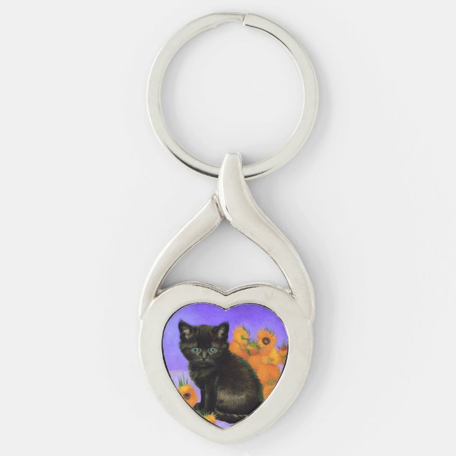 Porte-clés Van Gogh Kitten noir avec des tournesols (Devant)