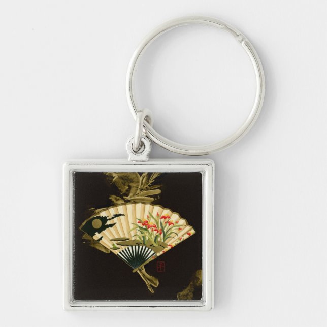 Porte-clés Ventilateur oriental criblé au design floral (Devant)