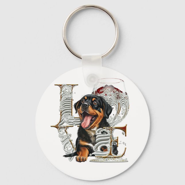 Porte-clés Verre à vin Rottweiler Fabriqué mot d'amour (Recto)