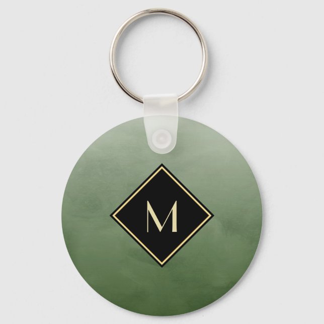 Porte-clés Vert Brossé Élégant Avec Monogramme Or Simple (Recto)