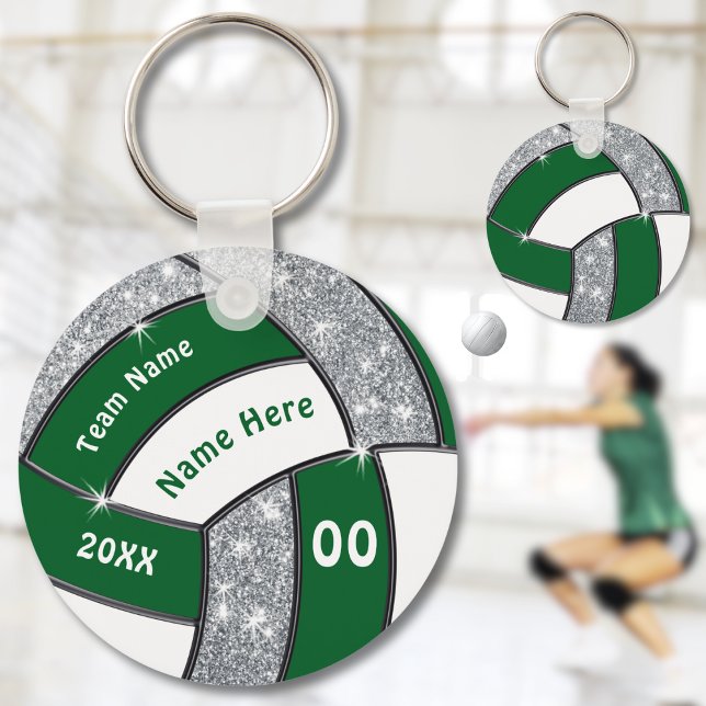 Porte-clés Vêtements de volley-ball verts, blancs et argentés (Green, White and Silver, Personalized Volleyball Souvenirs. Cheap Volleyball gifts for team. )