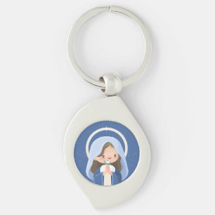 Porte-clés Vierge Marie Kawaii en prière avec fleur – Bleu ma