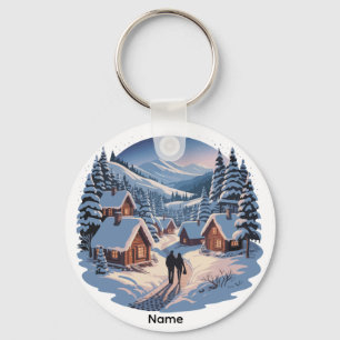 Porte-clés Village d'hiver de Noël rétro personnalisé 90s