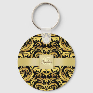 Porte-clés Vintage Black Damask Gold Monogram Porte - clé