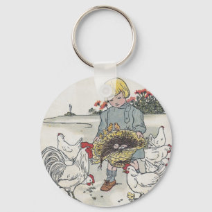 Porte-clés Vintage fille avec poulets, E est un oeuf