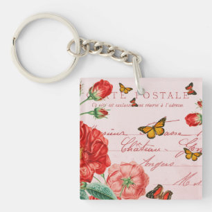 Porte-clés vintage floral français avec fleurs rou