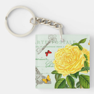 Porte-clés vintage floral français avec rose jaune