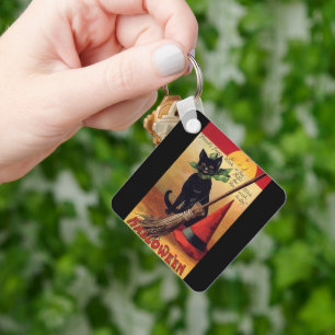 Porte-clés Vintage Halloween Black Cat, Witch's Broom and Hat