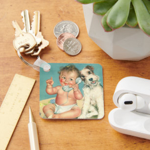 Porte-clés Vintage mignonne bébé parler sur téléphone Chien c