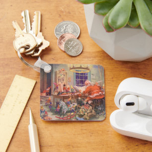 Porte-clés Vintage Noël, Santa Claus avec Elves Atelier