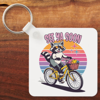 Porte-clés Vintage Raccoon Biking See Ya Soon Retro Sunset 