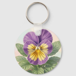 Porte-clés Violet Jaune Vibrant Fleur de Pensée Botanique 