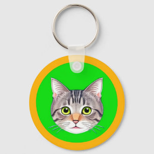 Porte-clés Visage de chat tigré dans un cadre circulaire vibr