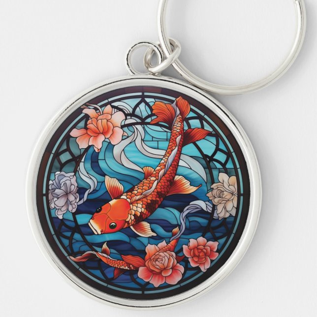 Porte-clés Vitrail asiatique style Koi Poisson et Camellias (Devant)