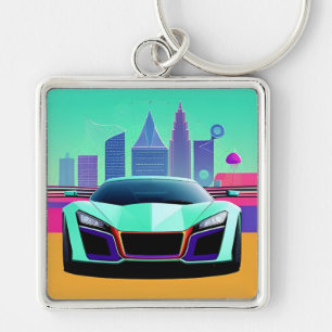 Porte-clés Voiture de sport futuriste dans une ville colorée 