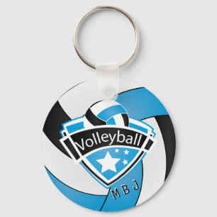 Porte-clés Volley-ball - Monogramme - Bleu bébé, Blanc & Noir