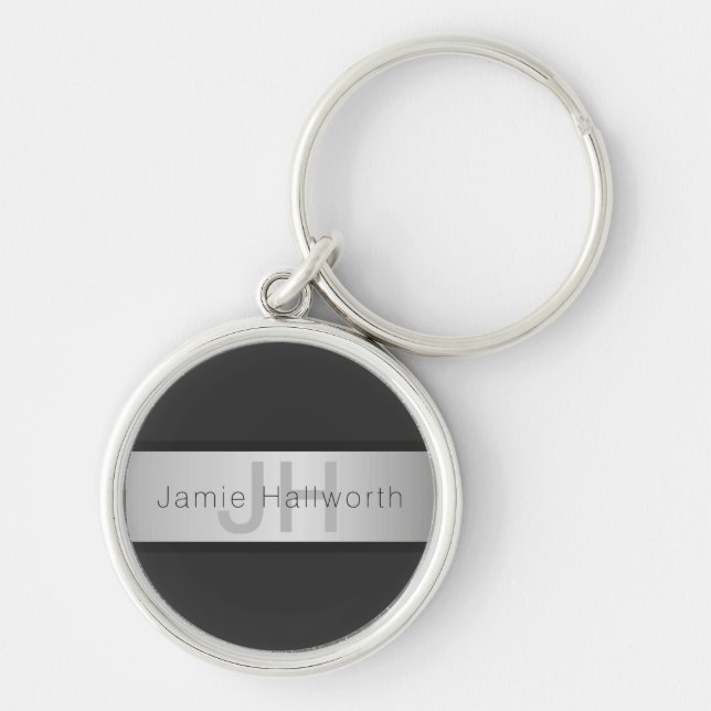 Porte-clés Votre nom et votre monogramme | Gris & Faux Silver (Devant)