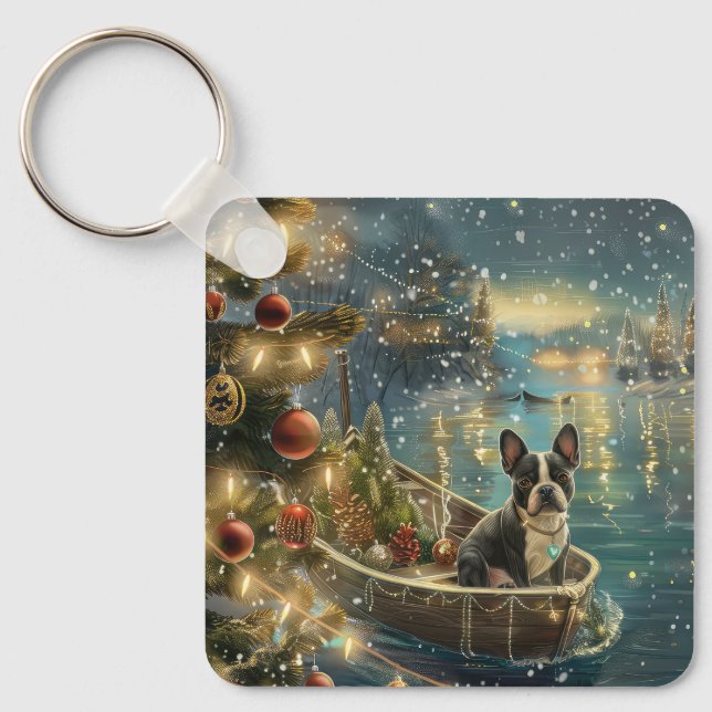 Porte-clés Voyage festif de Noël de Boston Terrier (Recto)