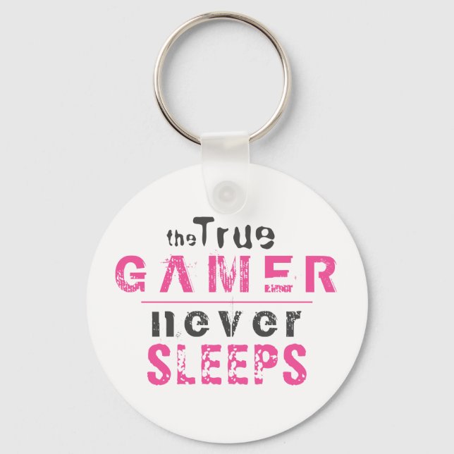 Porte-clés Vrai Joueur ne dort jamais Gamer Typographie Rose (Recto)