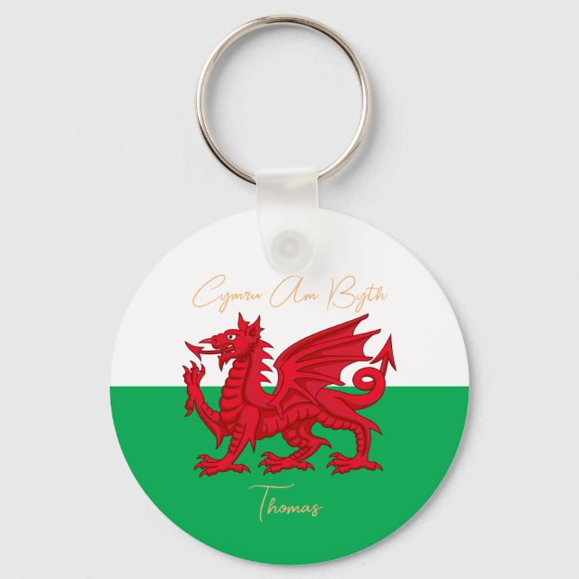 Porte-clés Wales For Ever Welsh Dragon Monogramme Nom Texte (Recto)