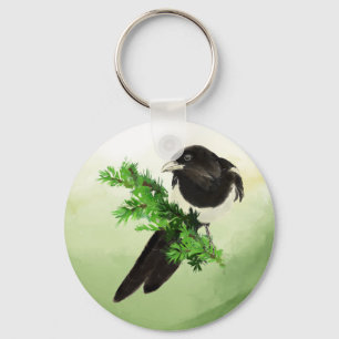 Porte-clés Watercolor Wildlife Magpie Oiseau Art de la nature