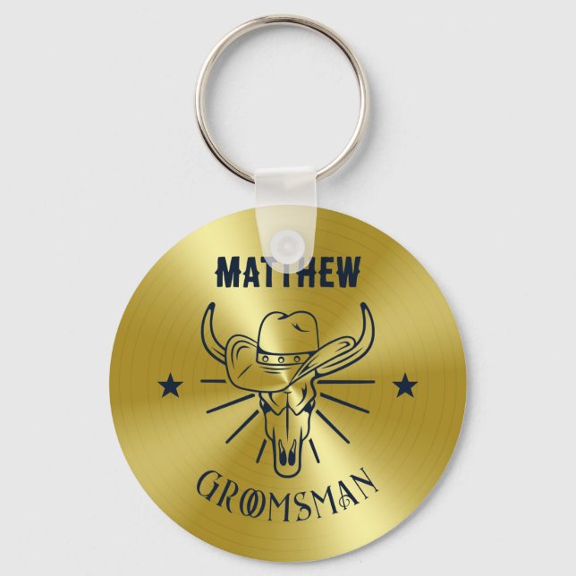 Porte-clés Western Cowboy Bull Skull Logo Gold Navy Groomsmen (Recto)
