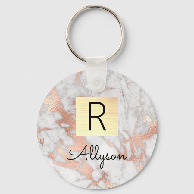 Porte-clés Wh & Rose Gold Marble boîte, nom et monogramme Ke (Recto)