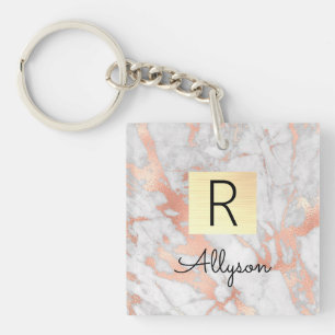 Porte-clés Wh & Rose Gold Marble Gold Box, Nom et Monogramme
