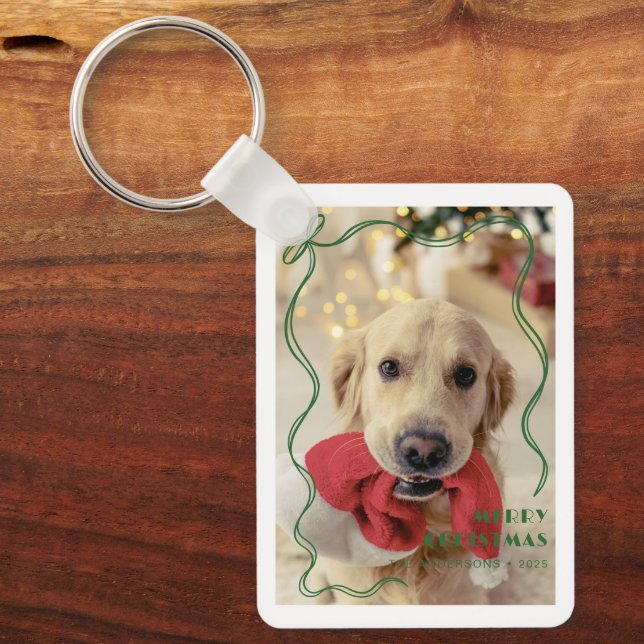 Porte-clés Whimsical Red Ribbon Pet Photo Joyeux Noël (Recto)