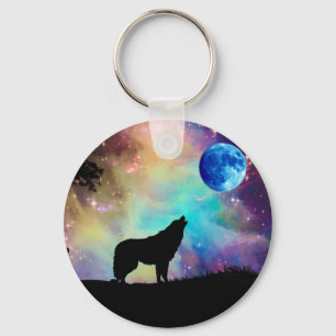 Porte-clés Wolf Howling à la lune Galaxy Stars Animal