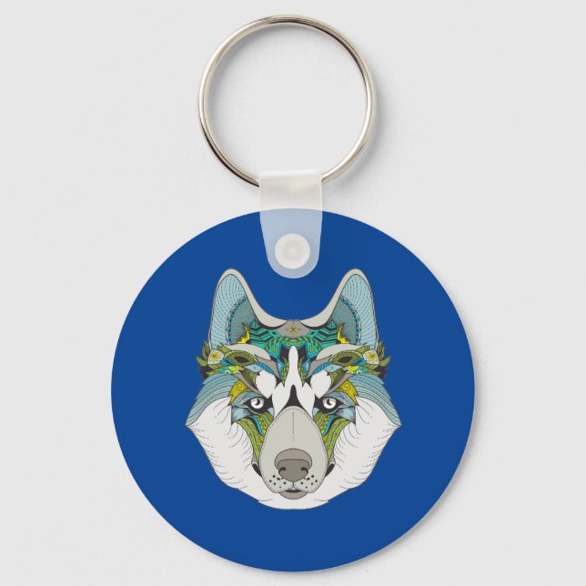 Porte-clés Wolf husky embelli vert bleu (Recto)