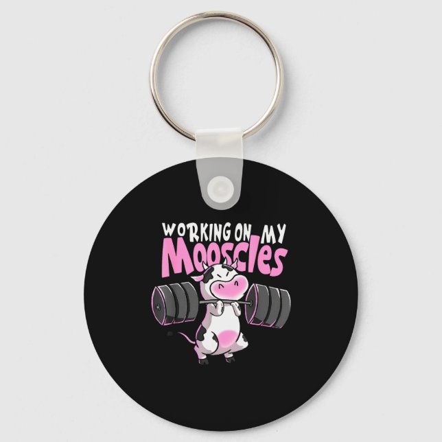 Porte-clés Working On My Mooscles Funny Gym Cow Weightlifting (Recto)