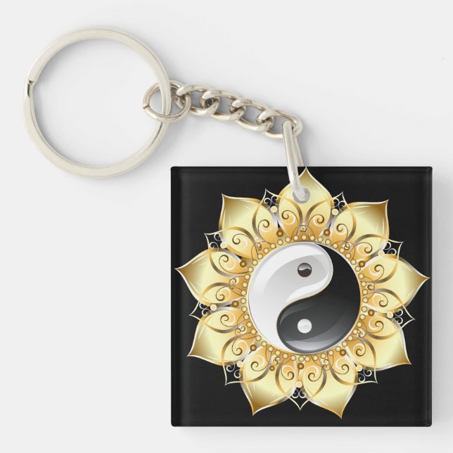 Porte-clés Yin Yang avec pétales de lotus dorés (Devant)