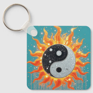 Porte-clés Yin Yang Orange Avec Détails Radieux Dorés