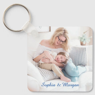 Porte-clés Your Photo & Name(s) in Blue Script Keychain