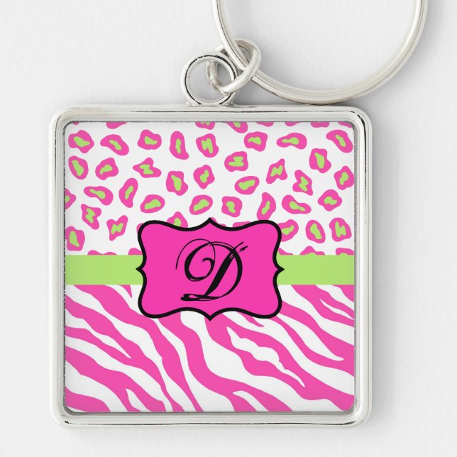Porte-clés Zèbre blanc rose chaud Léopard Monogramme de peau  (Devant)