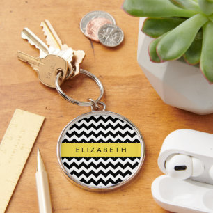 Porte-clés Zigzag noir et blanc, Motif Chevron, Votre nom