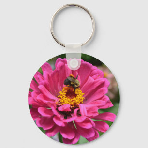 Porte-clés Zinnia rose et Bumble bee