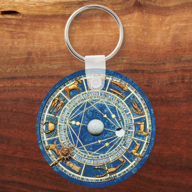 Porte-clés Zodiac Roue Astrologie Bleu céleste Antique Or (Recto)