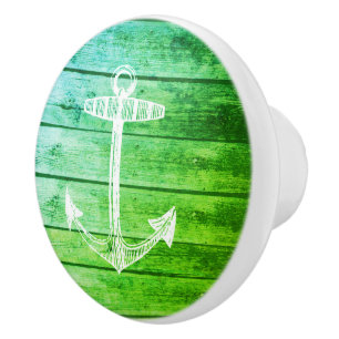 Porte En Céramique Ancre Faux Wood Green Bouton de tiroir nautique