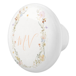Porte En Céramique Bouton de tiroir monogrammé à couronne de fleurs s