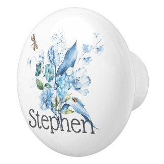 Porte En Céramique Bouton de tiroir Nom Gris Bouquet Bleu Libellule E